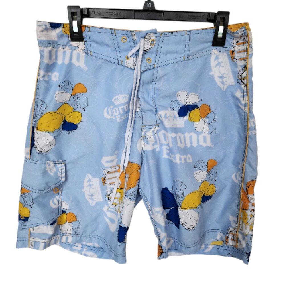 Vtg Corona Extra Light Blue Floral Board Shorts Swim Trunks Men's Size 32 Lic